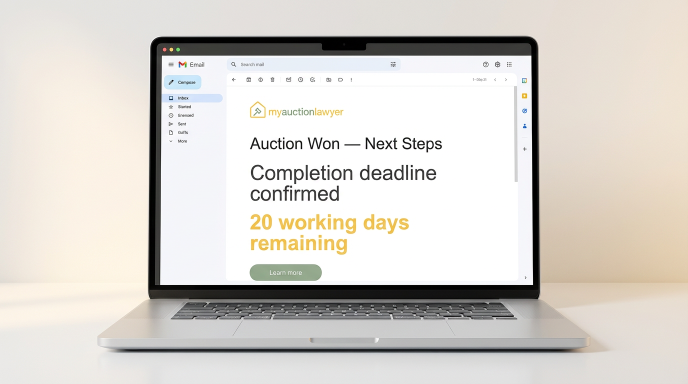 Property auction completion deadline email sent by UK auction lawyers
